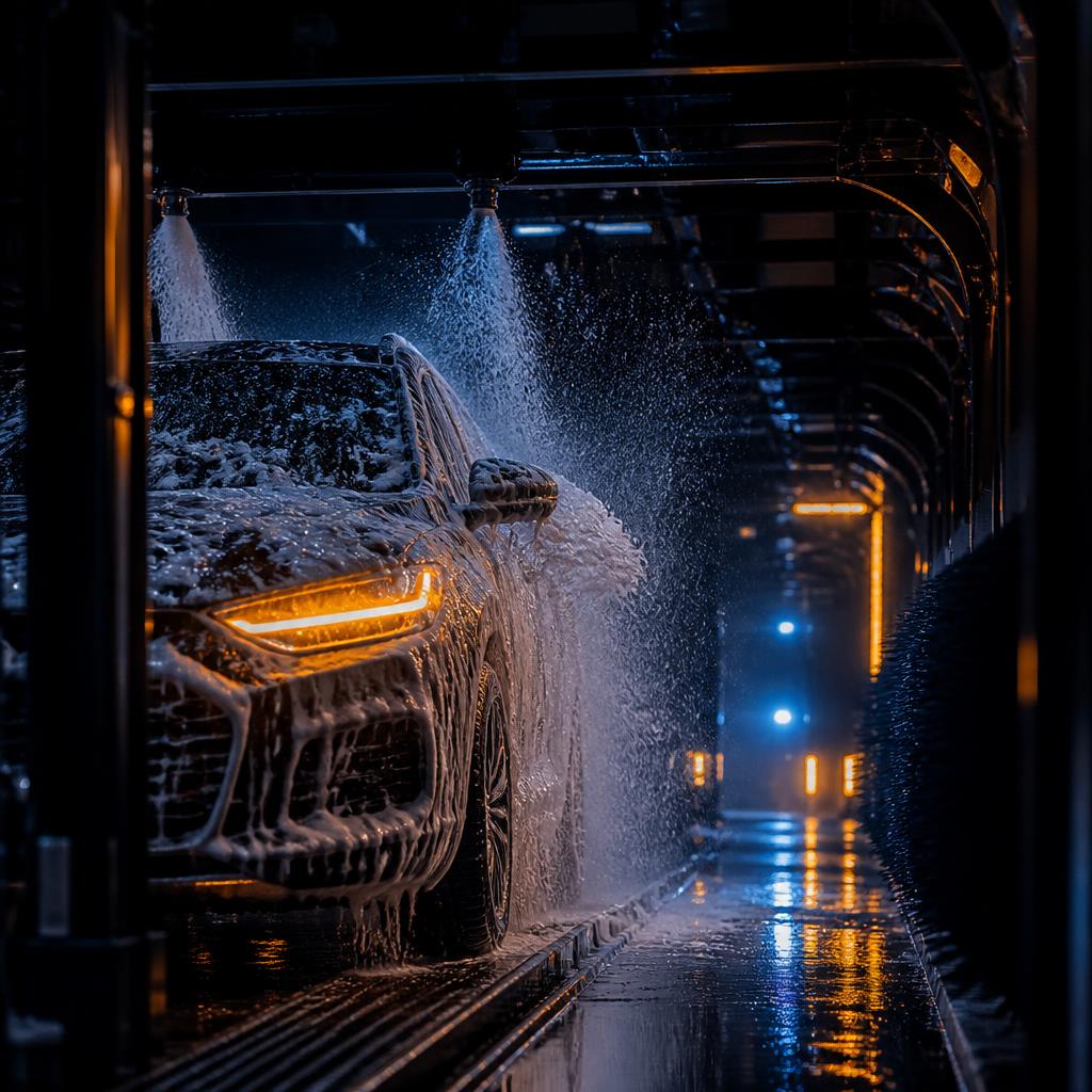 Car going through the WILDWAVE express wash tunnel