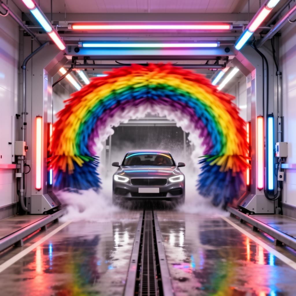 Modern car wash tunnel with rainbow foam arches